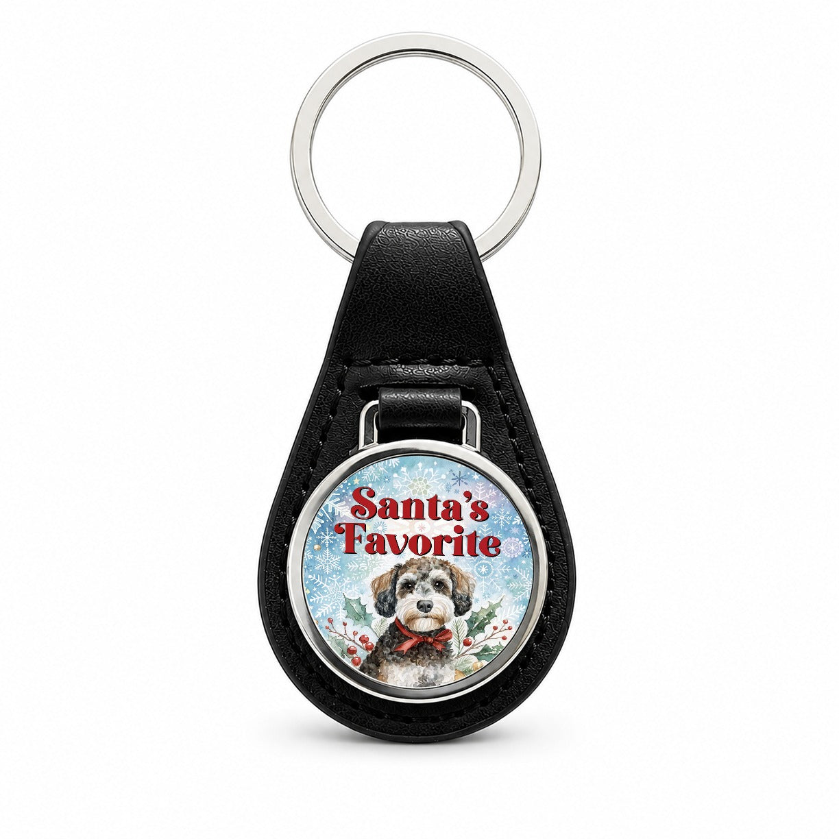 Schnoodle Dog Christmas Santa's Favorite Black Leather Metal Keychain