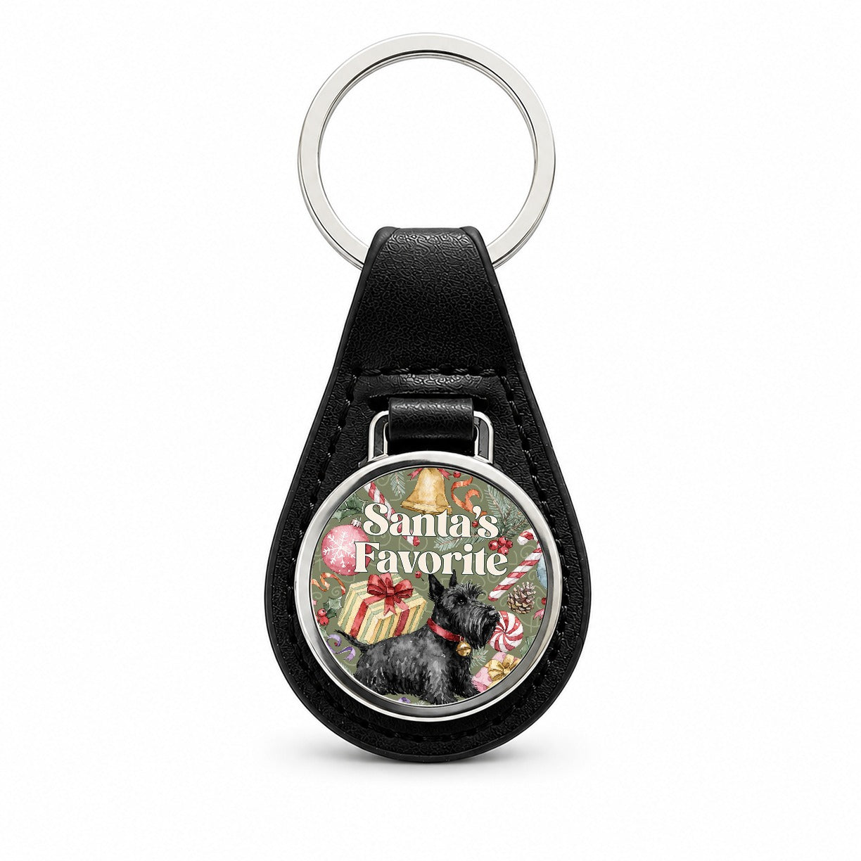 Scottish Terrier Dog Christmas Santa's Favorite Black Leather Metal Keychain