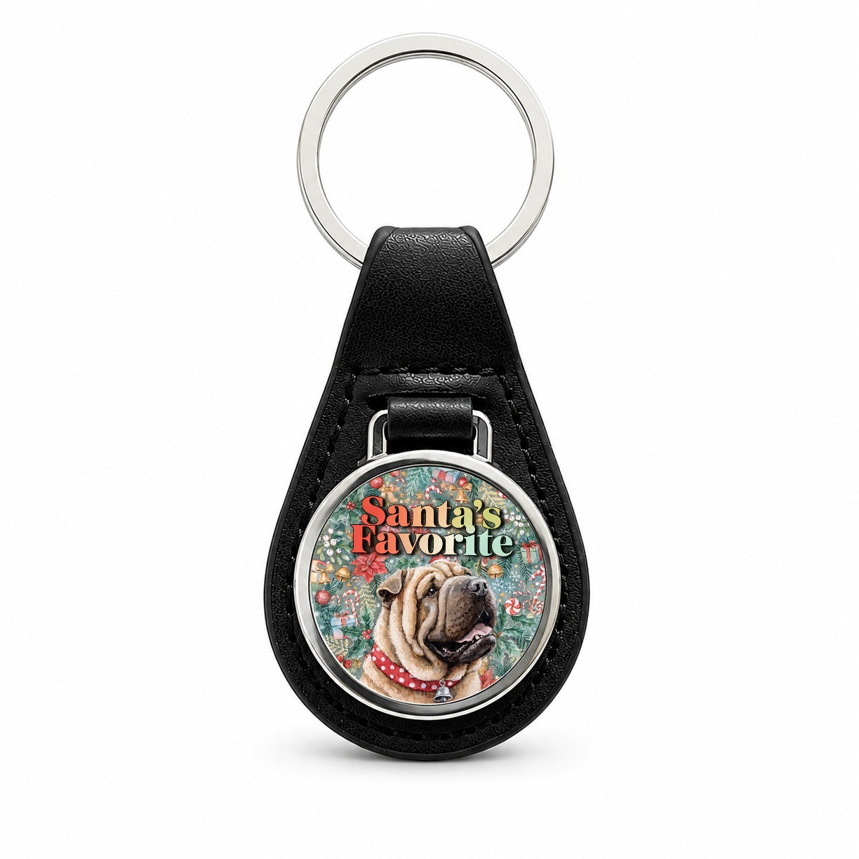 Shar Pei Dog Christmas Santa's Favorite Black Leather Metal Keychain