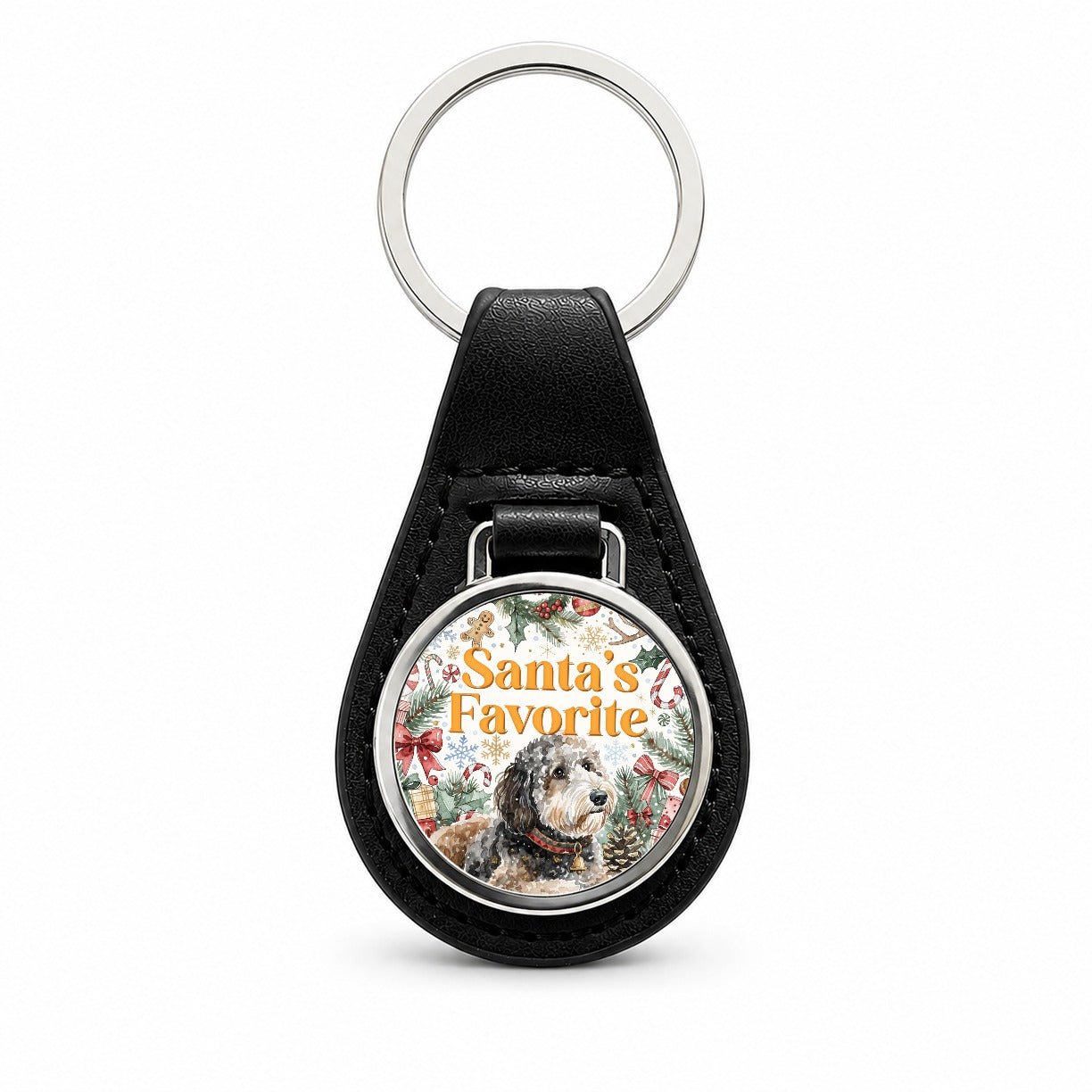 Sheepadoodle Dog Christmas Santa's Favorite Black Leather Metal Keychain
