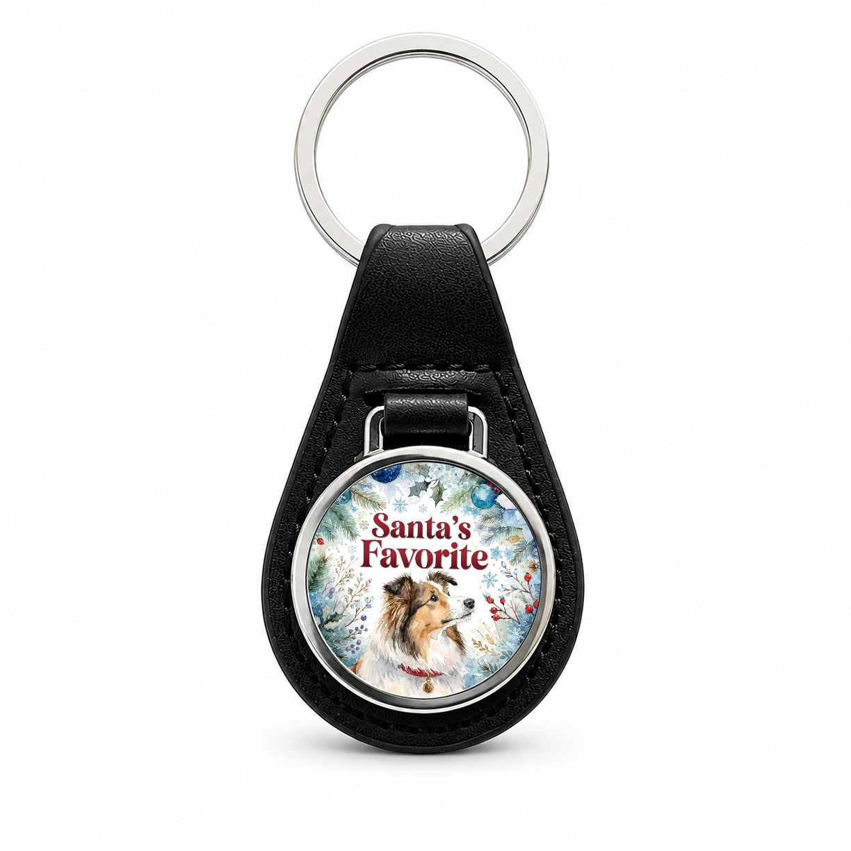 Shetland Sheepdog Christmas Santa's Favorite Black Leather Metal Keychain