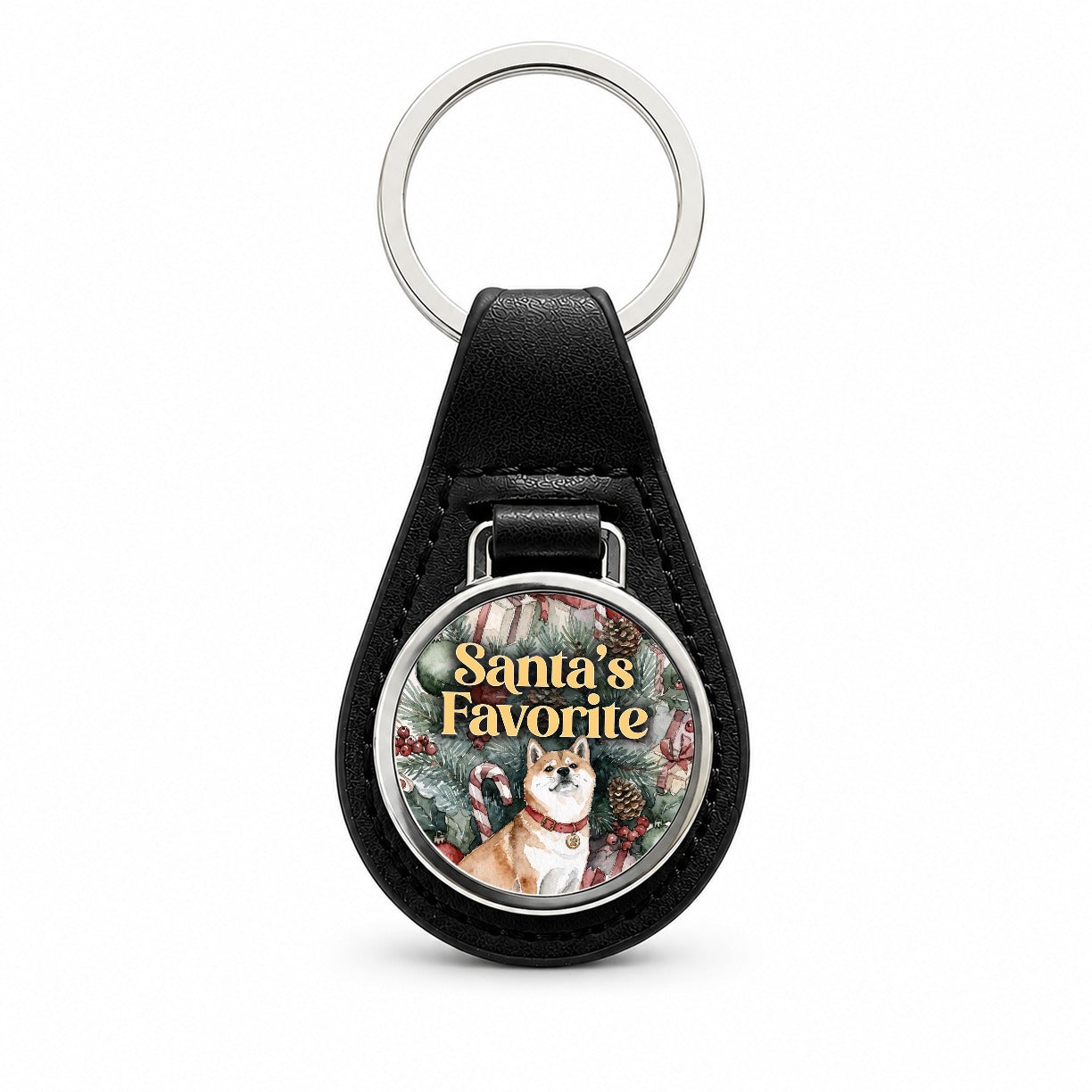 Shiba Inu Dog Christmas Santa's Favorite Black Leather Metal Keychain