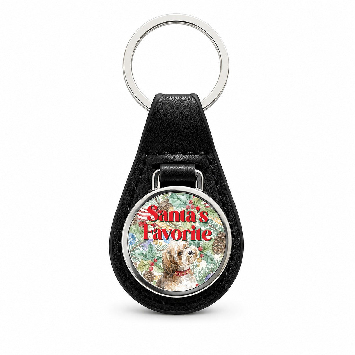 Shorkie Dog Christmas Santa's Favorite Black Leather Metal Keychain