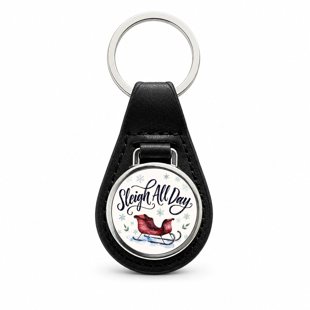 Sleigh All Day Christmas Funny Black Leather Metal Keychain
