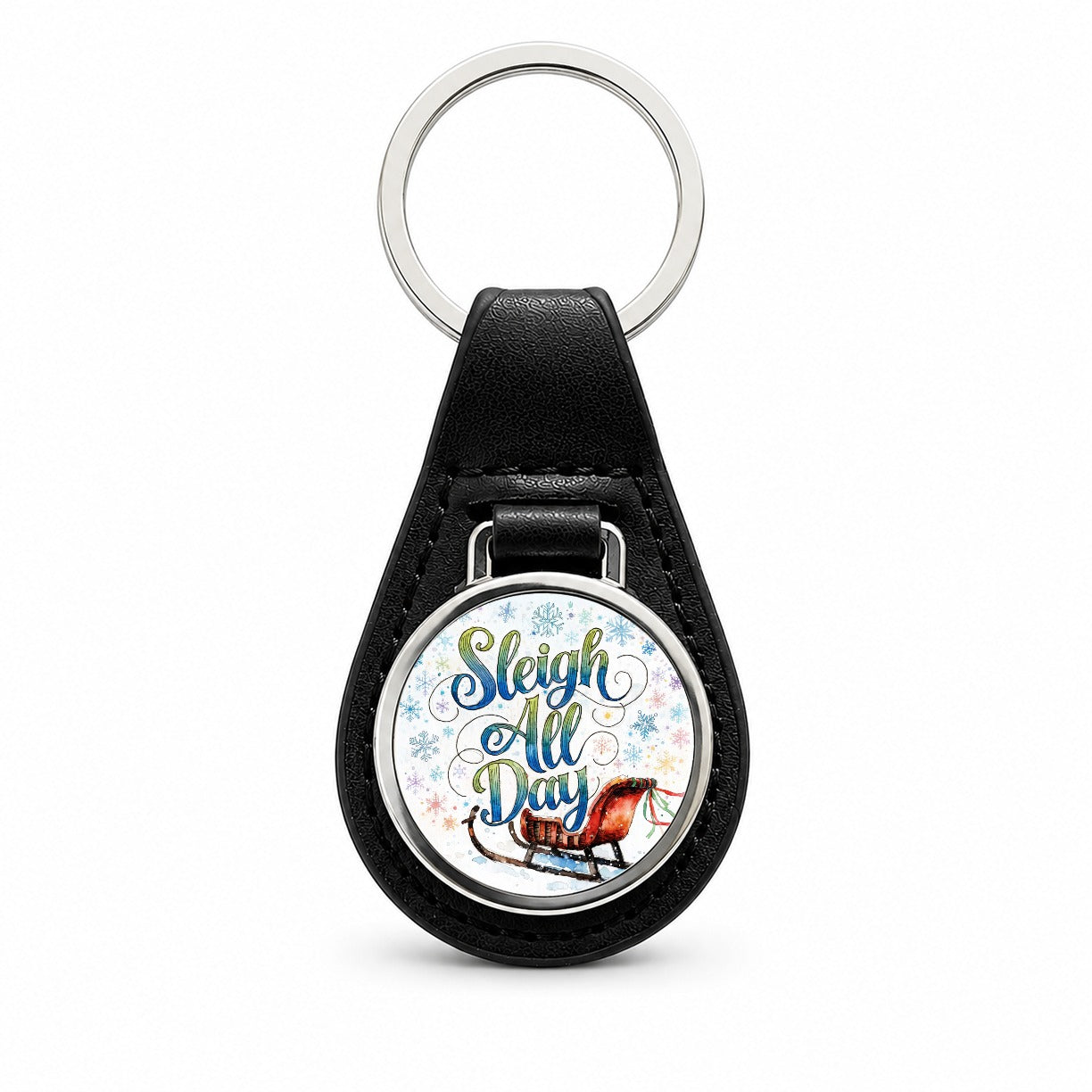 Sleigh Slay All Day Christmas Funny Snowflakes Black Leather Metal Keychain