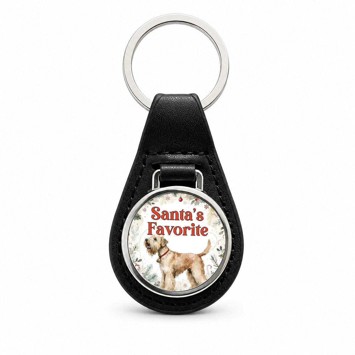 Soft Coated Wheaten Terrier Dog Christmas Santa's Favorite Black Leather Metal Keychain