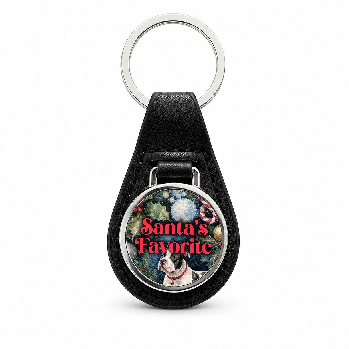 Staffordshire Bull Terrier Dog Christmas Santa's Favorite Black Leather Metal Keychain