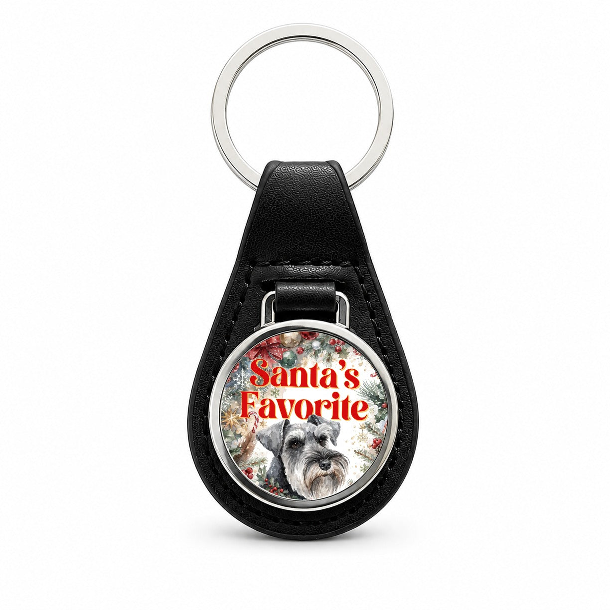 Standard Schnauzer Dog Christmas Santa's Favorite Black Leather Metal Keychain