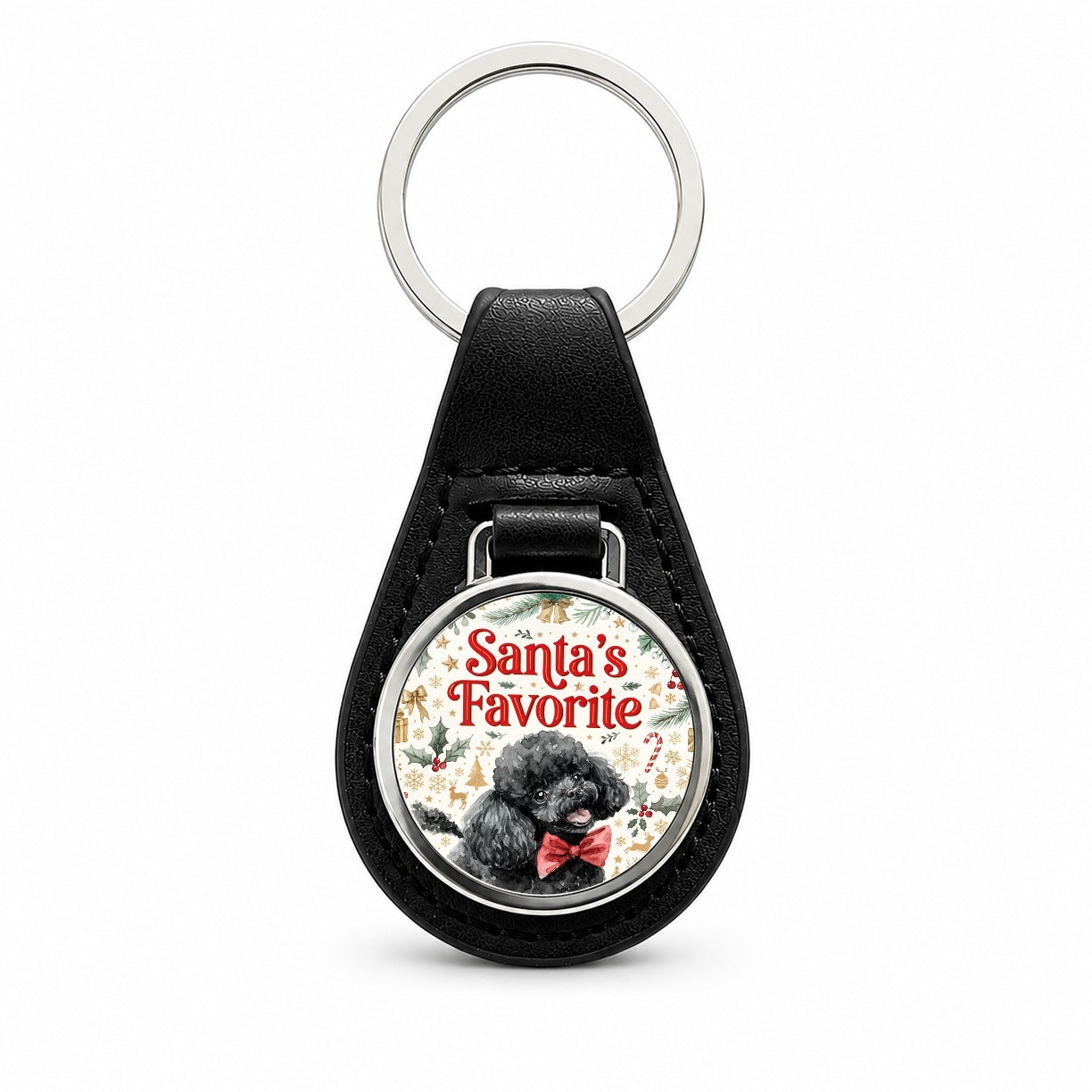 Toy Poodle Dog Christmas Santa's Favorite Black Leather Metal Keychain
