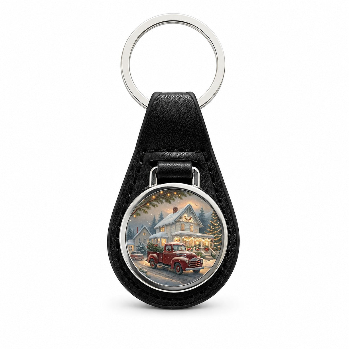 Vintage Americana Christmas Red Truck Black Leather Metal Keychain