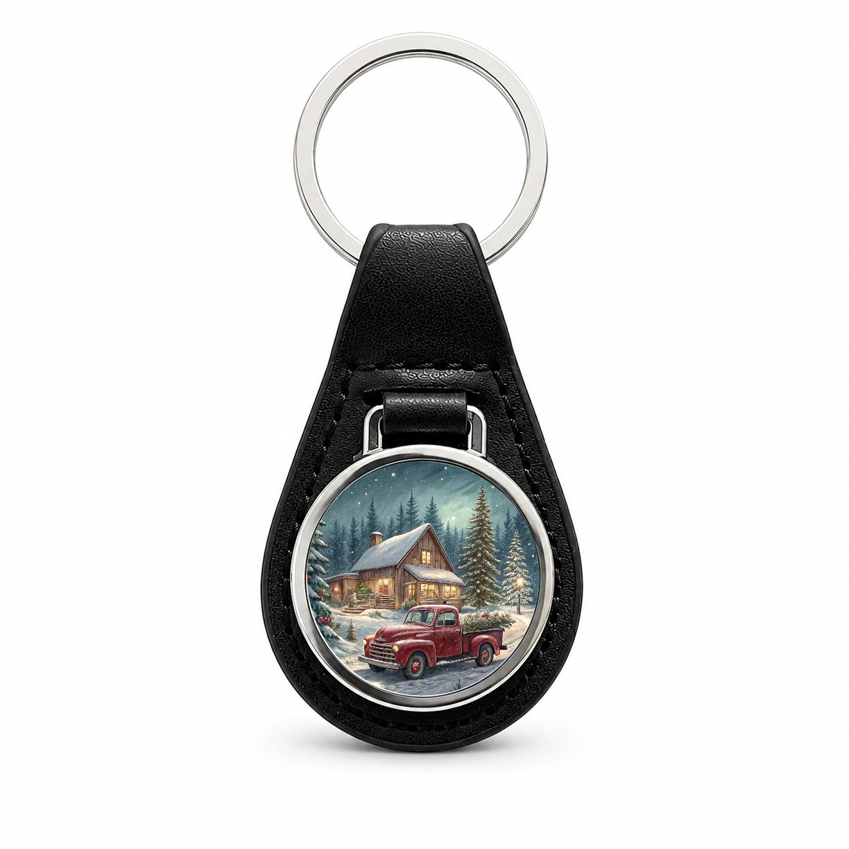 Vintage Americana Christmas Tree In Red Truck Black Leather Metal Keychain