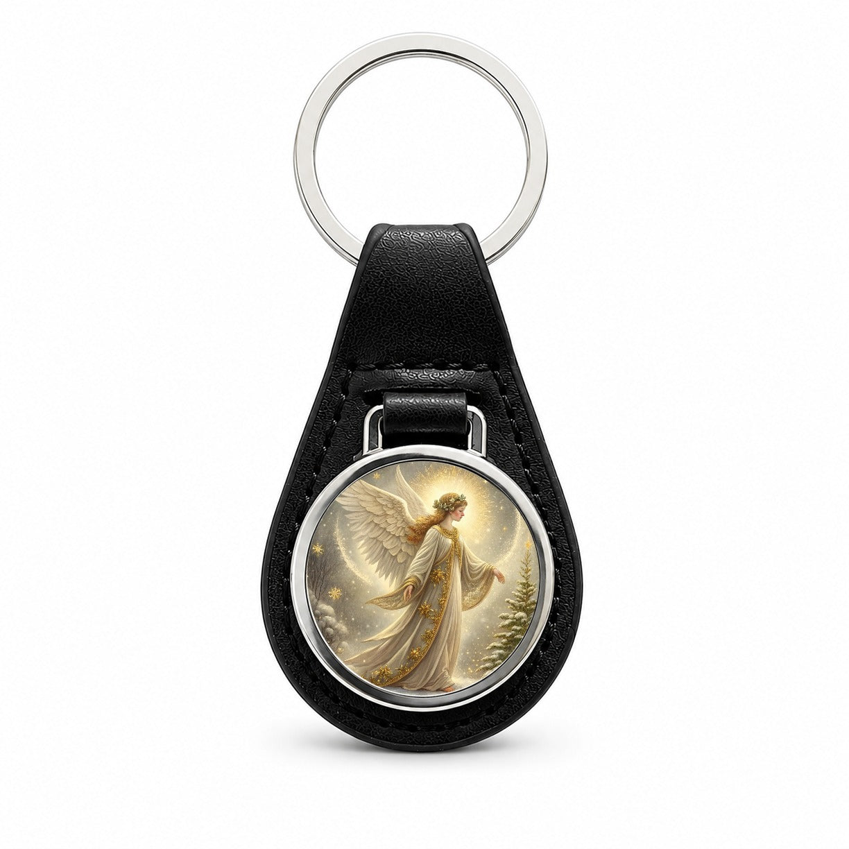 Vintage Christmas Angel Elegant Black Leather Metal Keychain