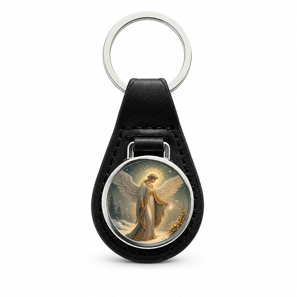 Vintage Victorian Christmas Angel Black Leather Metal Keychain