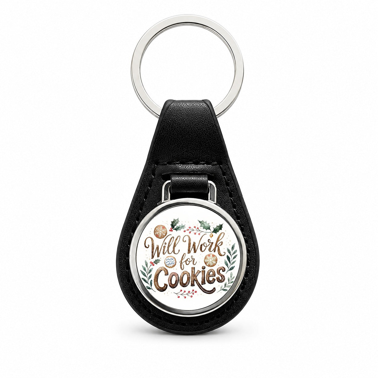 Will Work For Cookies Christmas Black Leather Metal Keychain