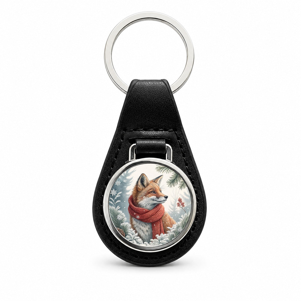 Winter Fox With Scarf Christmas Black Leather Metal Keychain