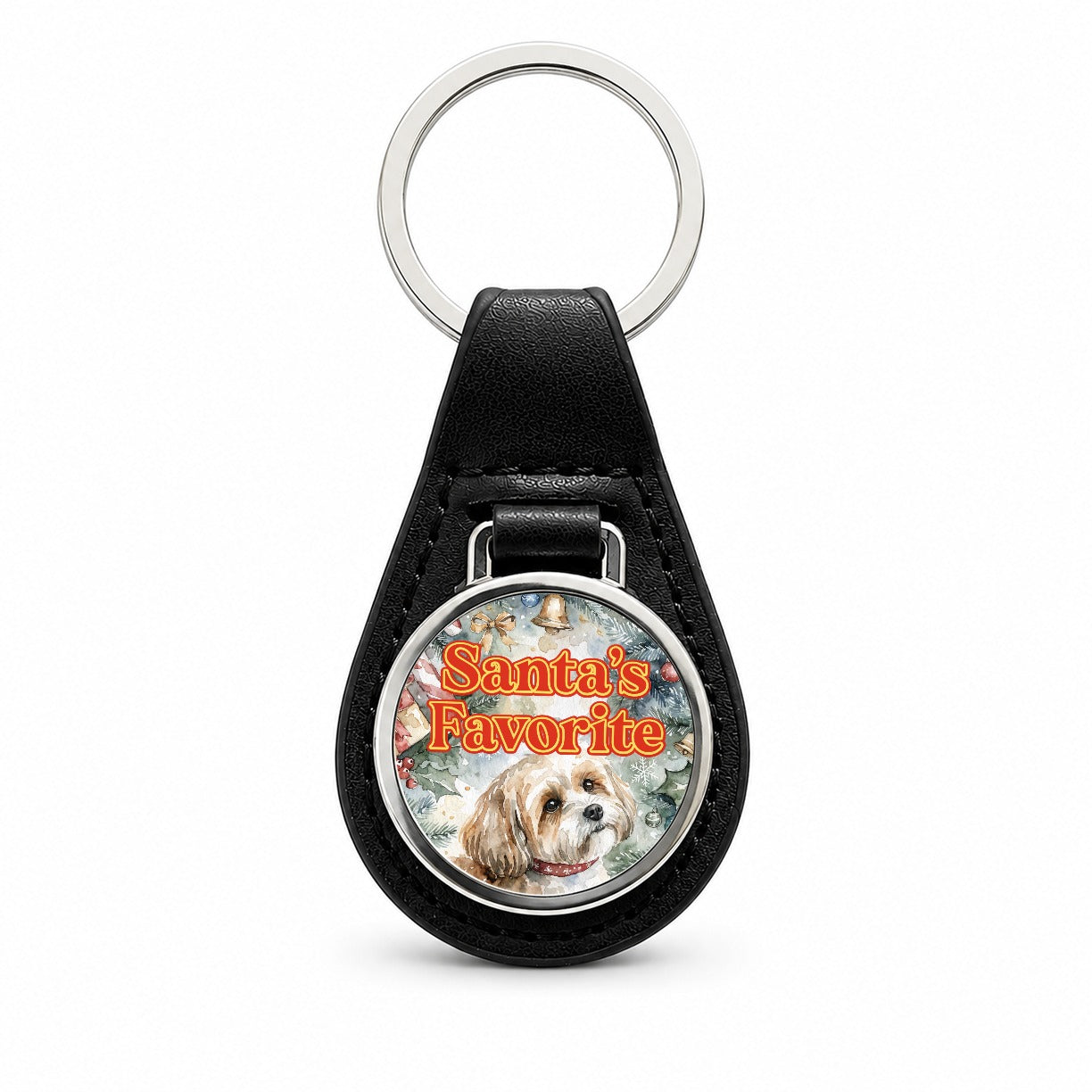 Yorkipoo Dog Christmas Santa's Favorite Black Leather Metal Keychain