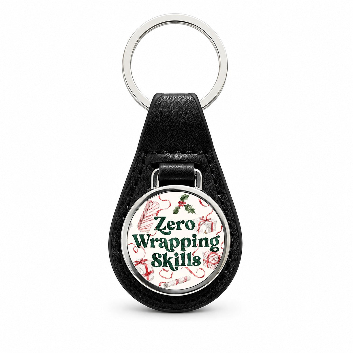 Zero Wrapping Skills Christmas Funny Red Green Black Leather Metal Keychain