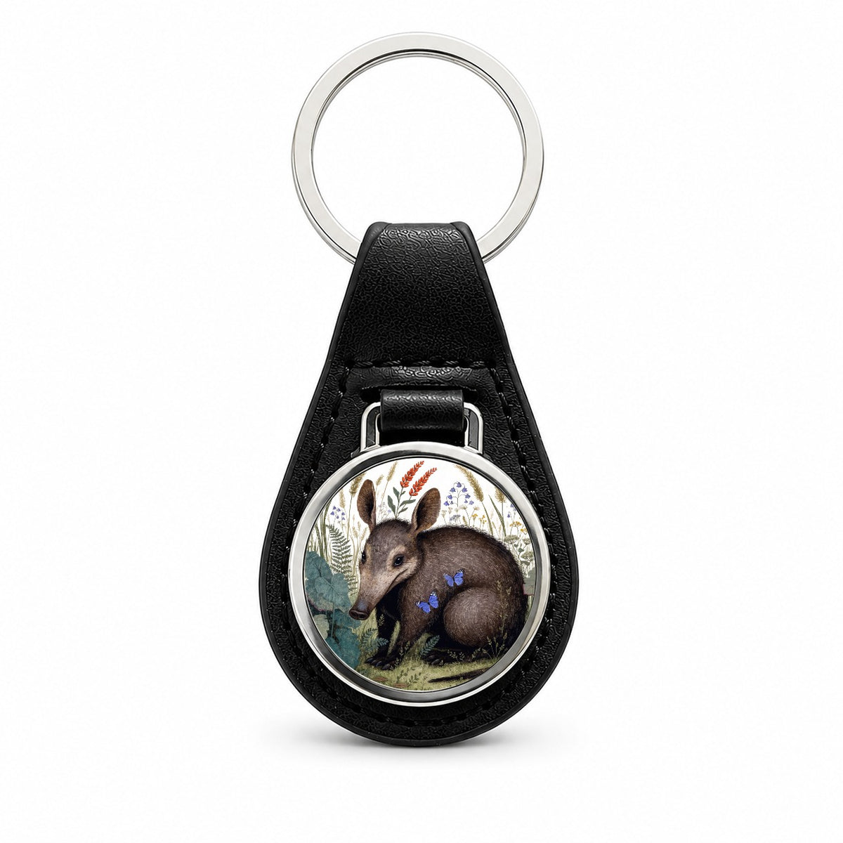 Aardvark African Wildflowers Black Leather Metal Keychain
