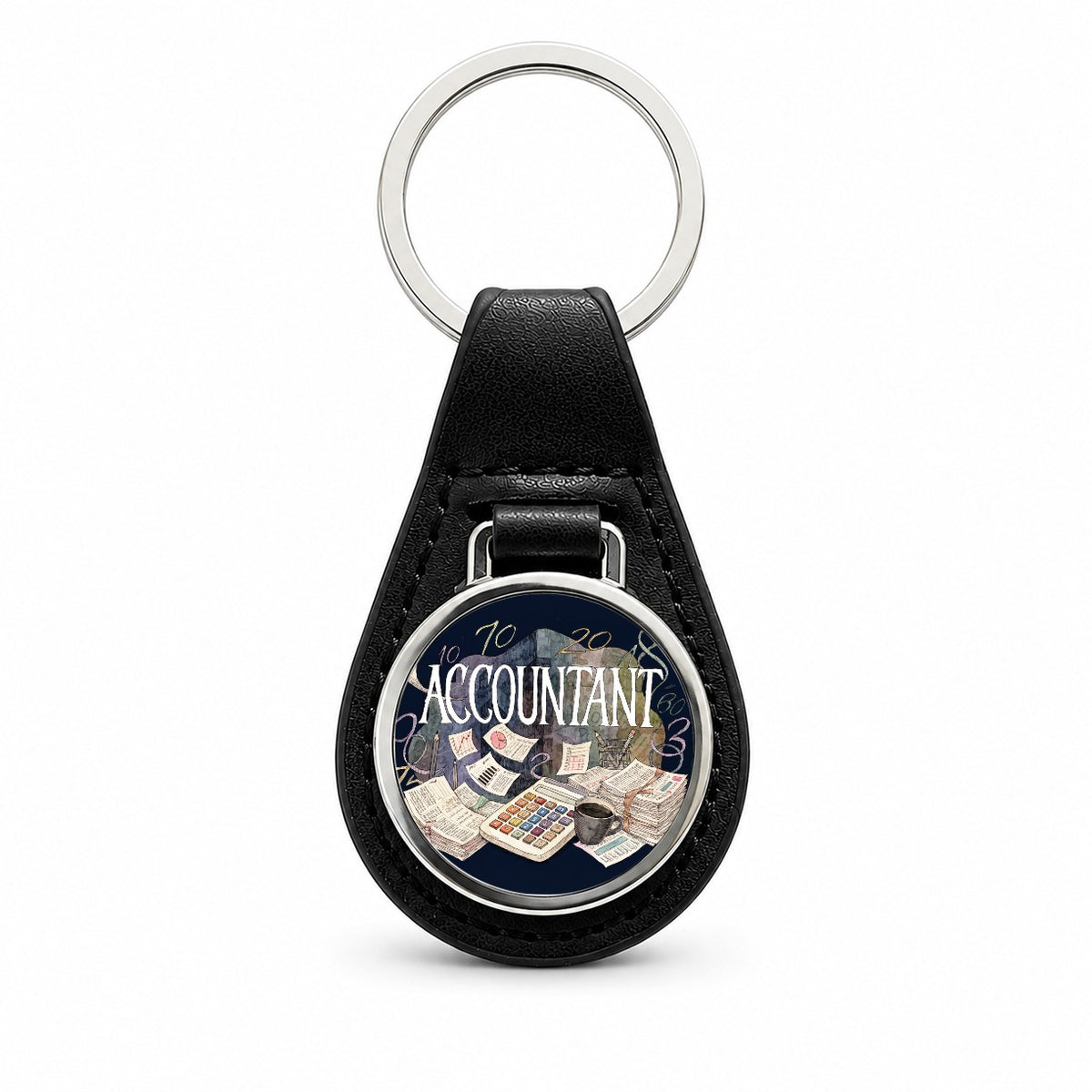 Accountant Accounting Bookkeeping Numbers Black Leather Metal Keychain