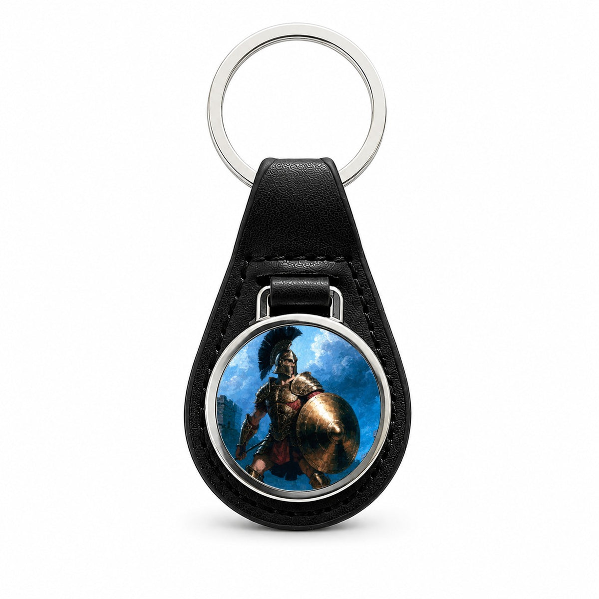 Achilles Greek Warrior Black Leather Metal Keychain