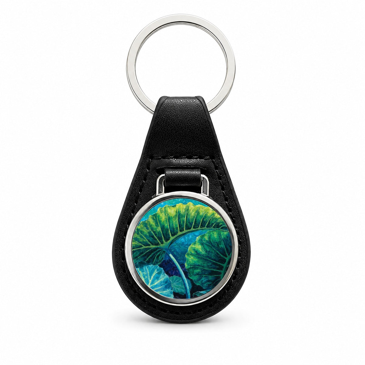 Alocasia Elephant Ear Leaves Black Leather Metal Keychain