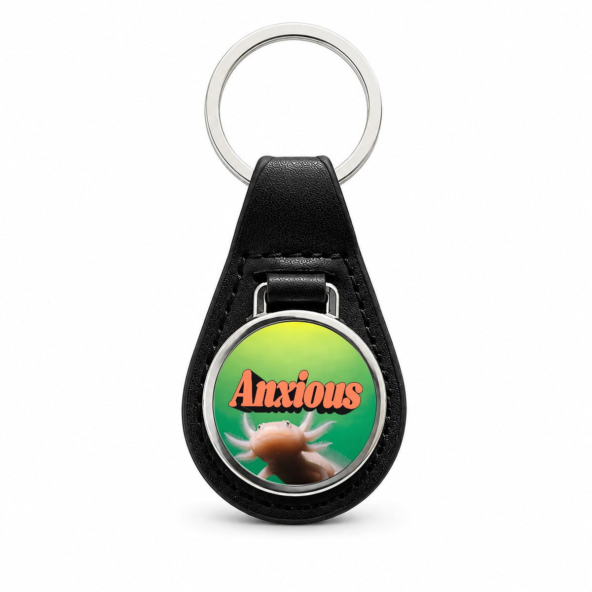 Anxious Axolotl Funny Black Leather Metal Keychain