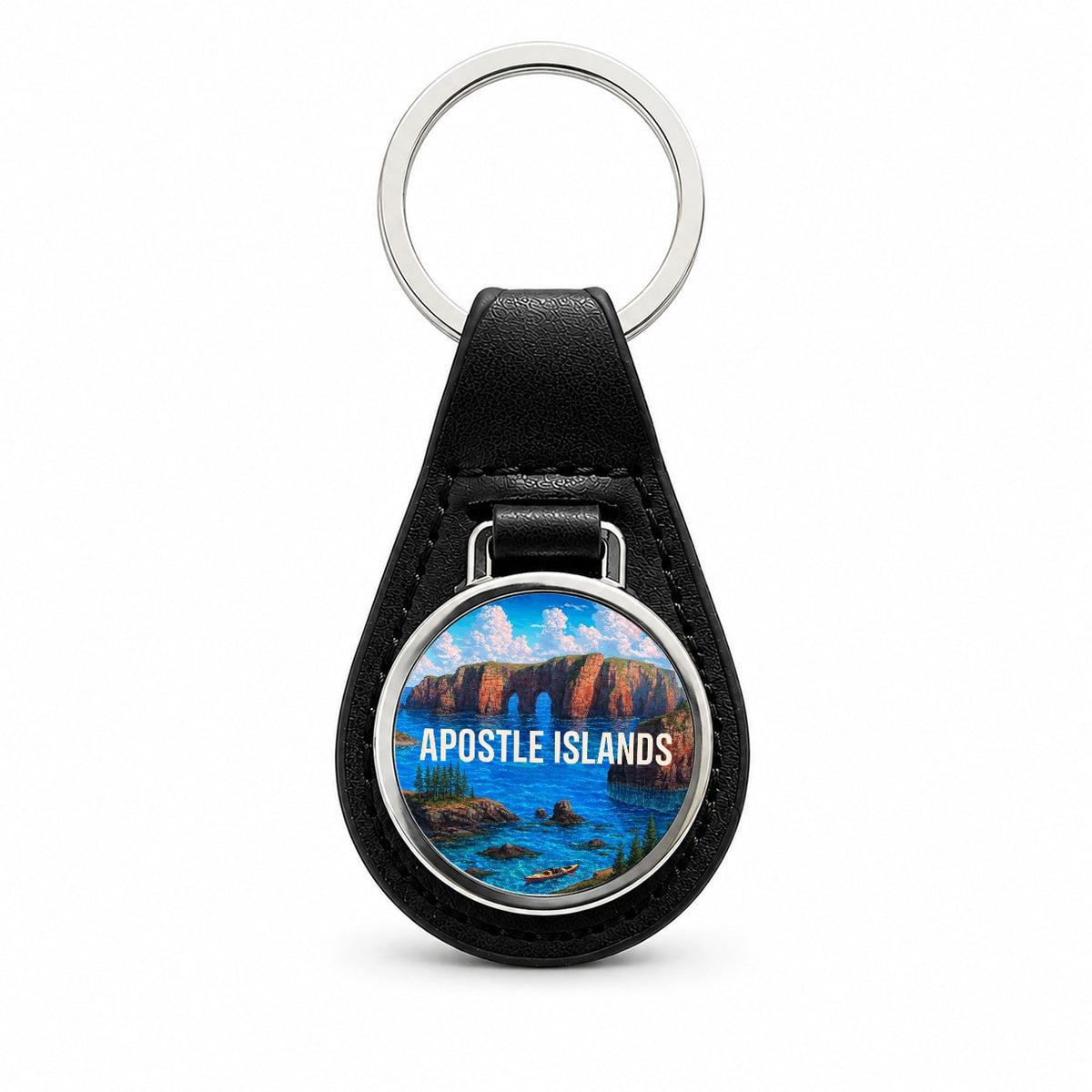 Apostle Islands Wisconsin Travel Black Leather Metal Keychain