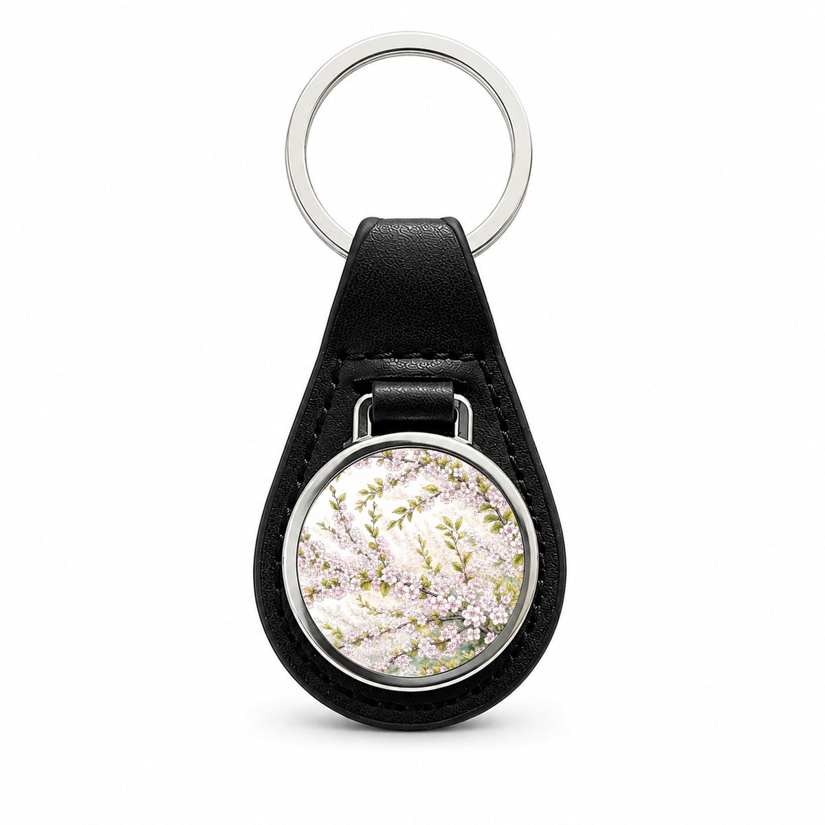 Apple Blossom Branches Black Leather Metal Keychain