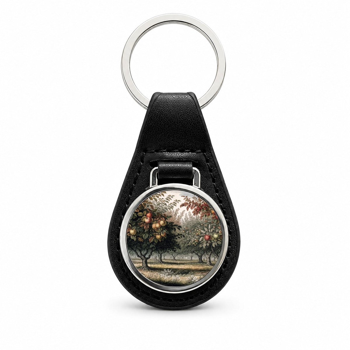 Apple Orchard Antique Drawing Black Leather Metal Keychain