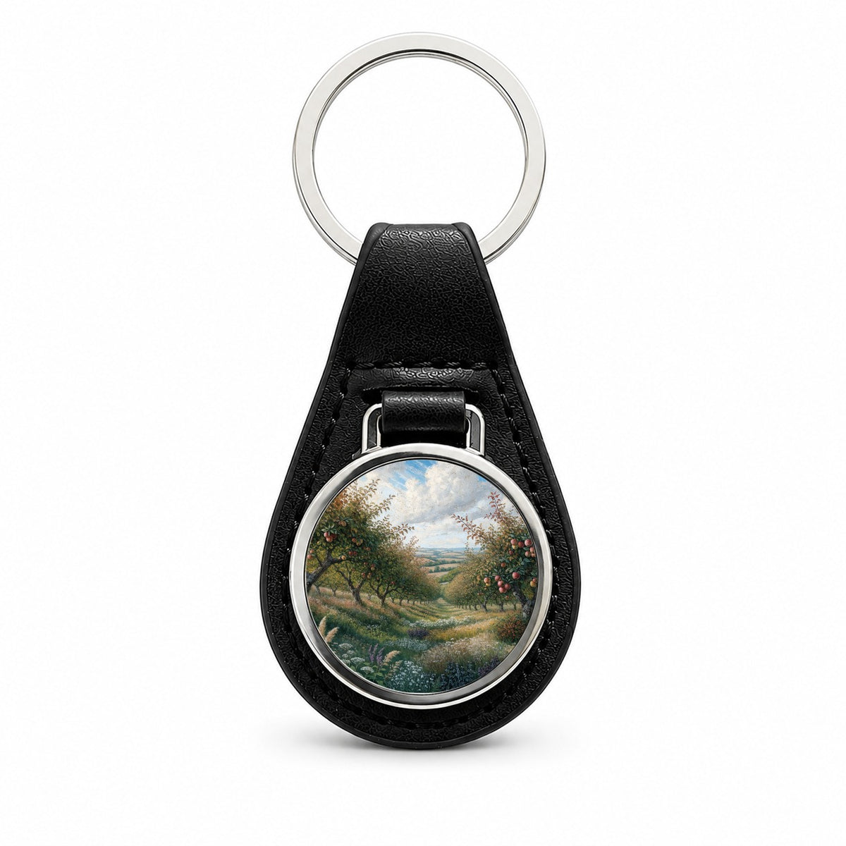 Apple Orchard Country Illustration Black Leather Metal Keychain