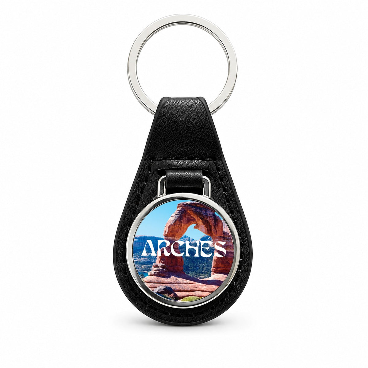 Arches Utah Travel Black Leather Metal Keychain