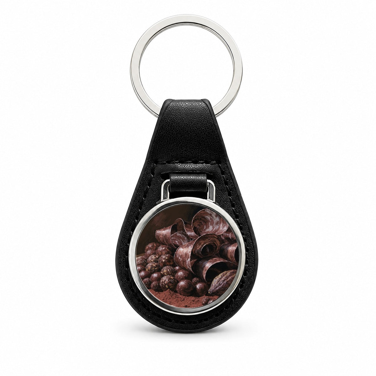 Artisan Chocolate Truffles Black Leather Metal Keychain