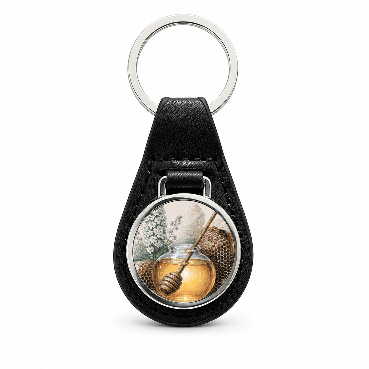 Artisan Honey Harvest Black Leather Metal Keychain