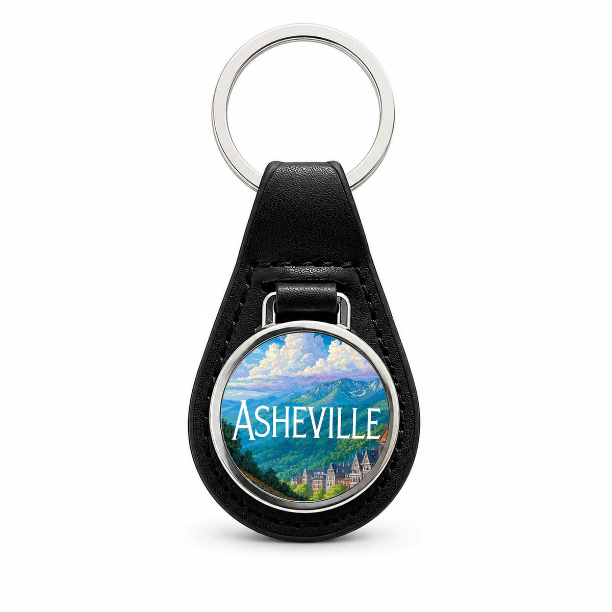 Asheville North Carolina Travel Black Leather Metal Keychain