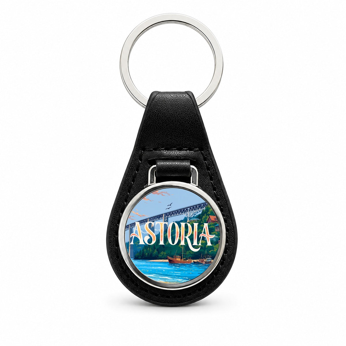 Astoria Oregon Travel Black Leather Metal Keychain