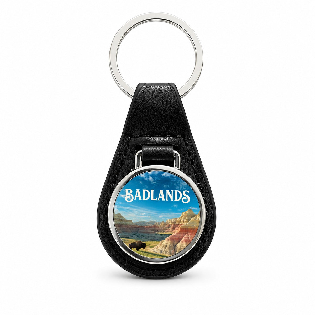 Badlands South Dakota Travel Black Leather Metal Keychain