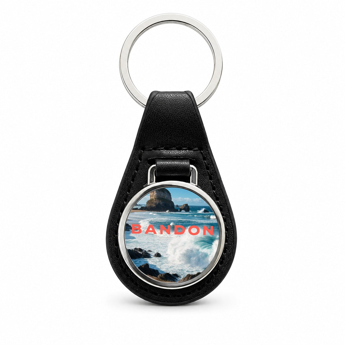Bandon Oregon Travel Black Leather Metal Keychain
