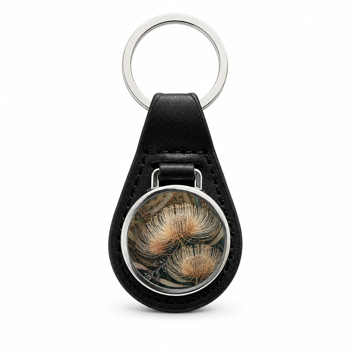 Banksia Australian Botanical Black Leather Metal Keychain