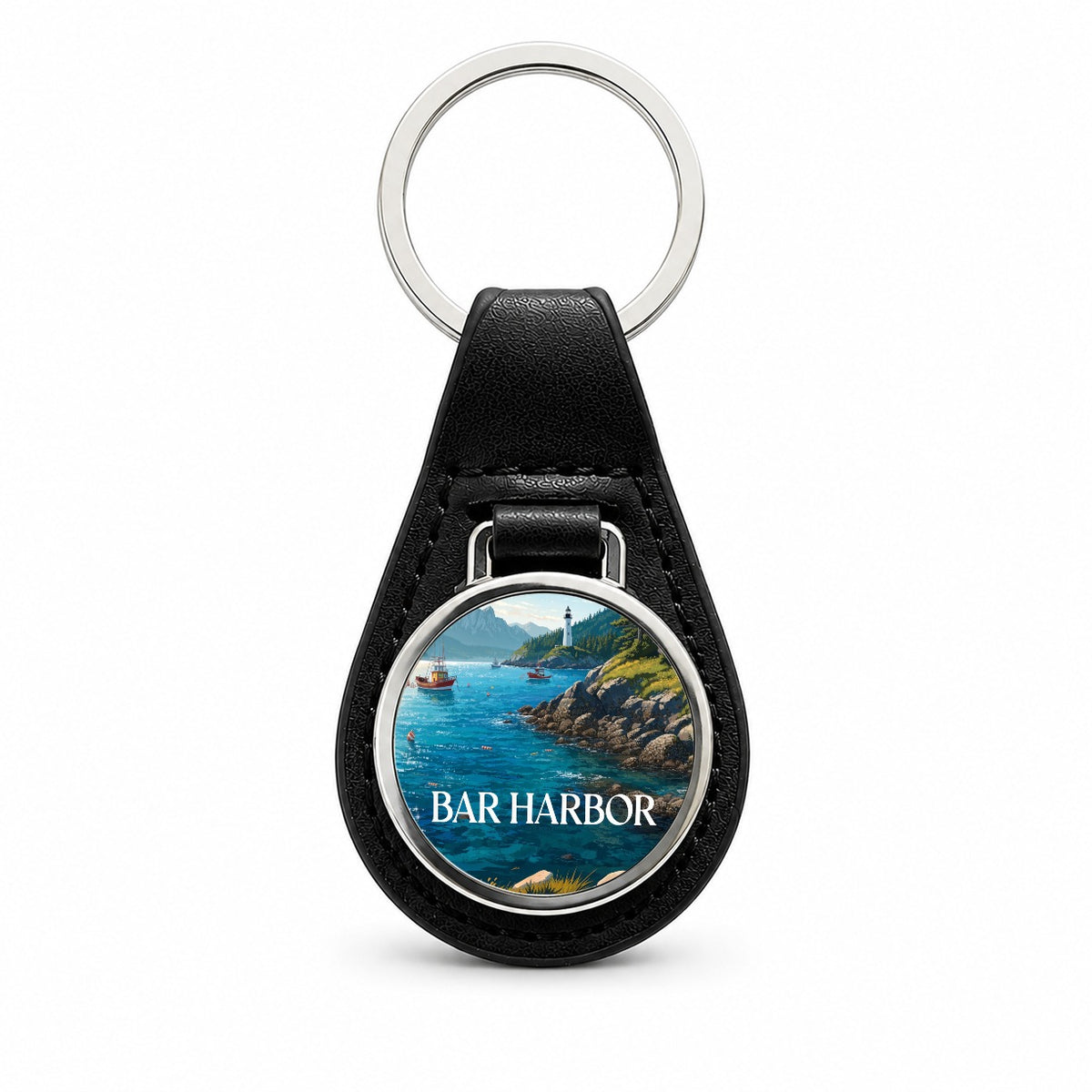 Bar Harbor Maine Travel Black Leather Metal Keychain