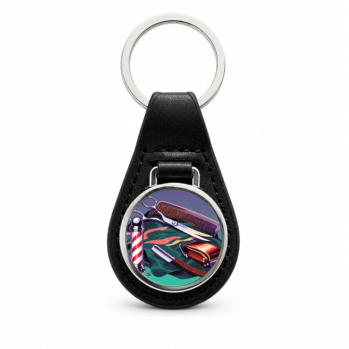 Barber Barbershop Tools Black Leather Metal Keychain