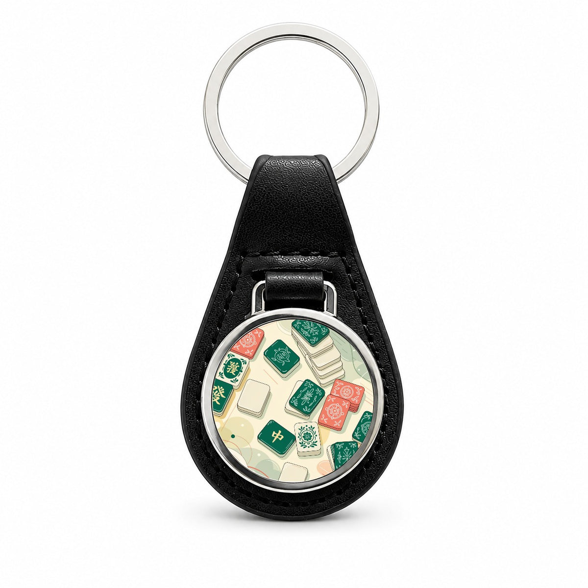 Beautiful Mahjong Tiles Black Leather Metal Keychain