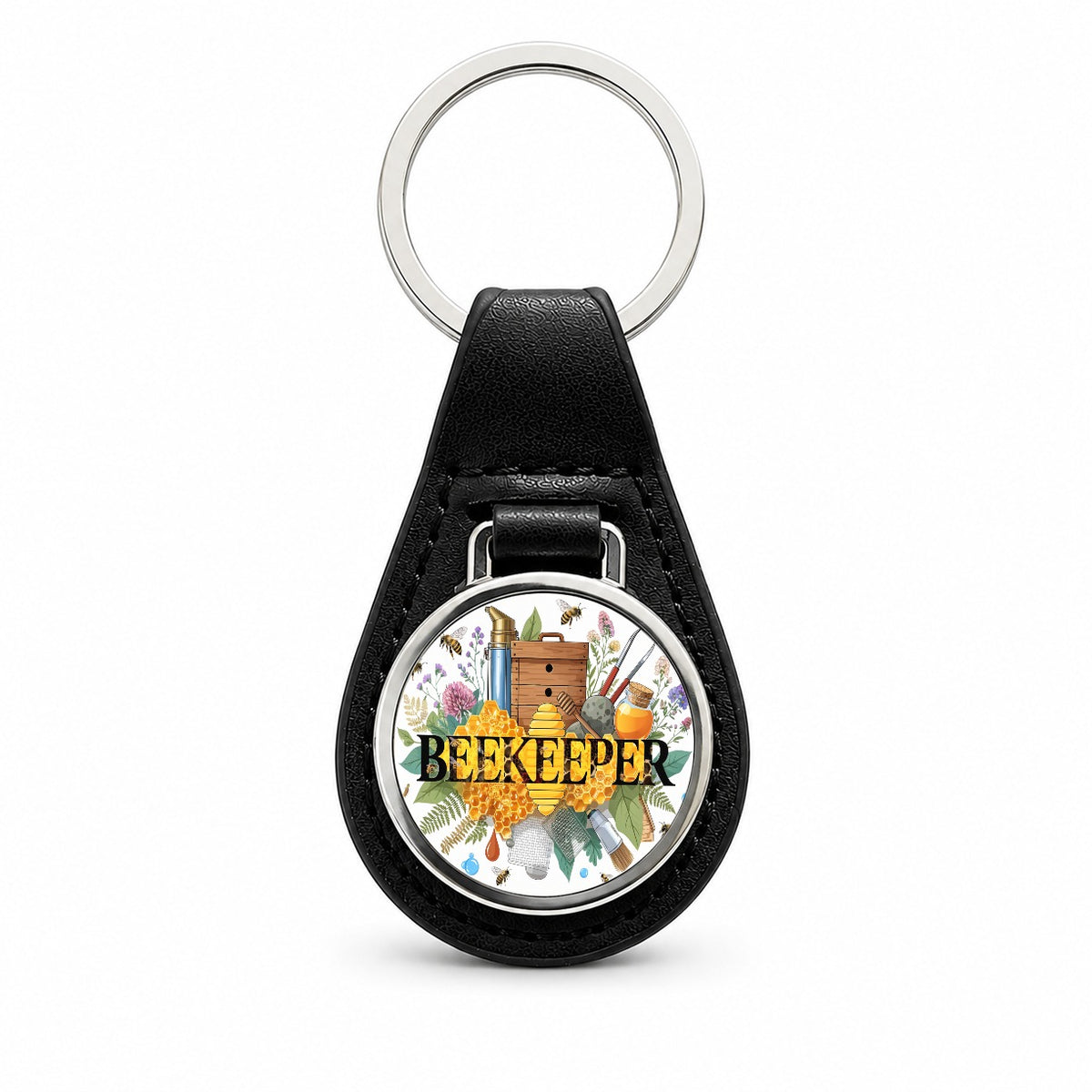 Beekeeper Black Leather Metal Keychain