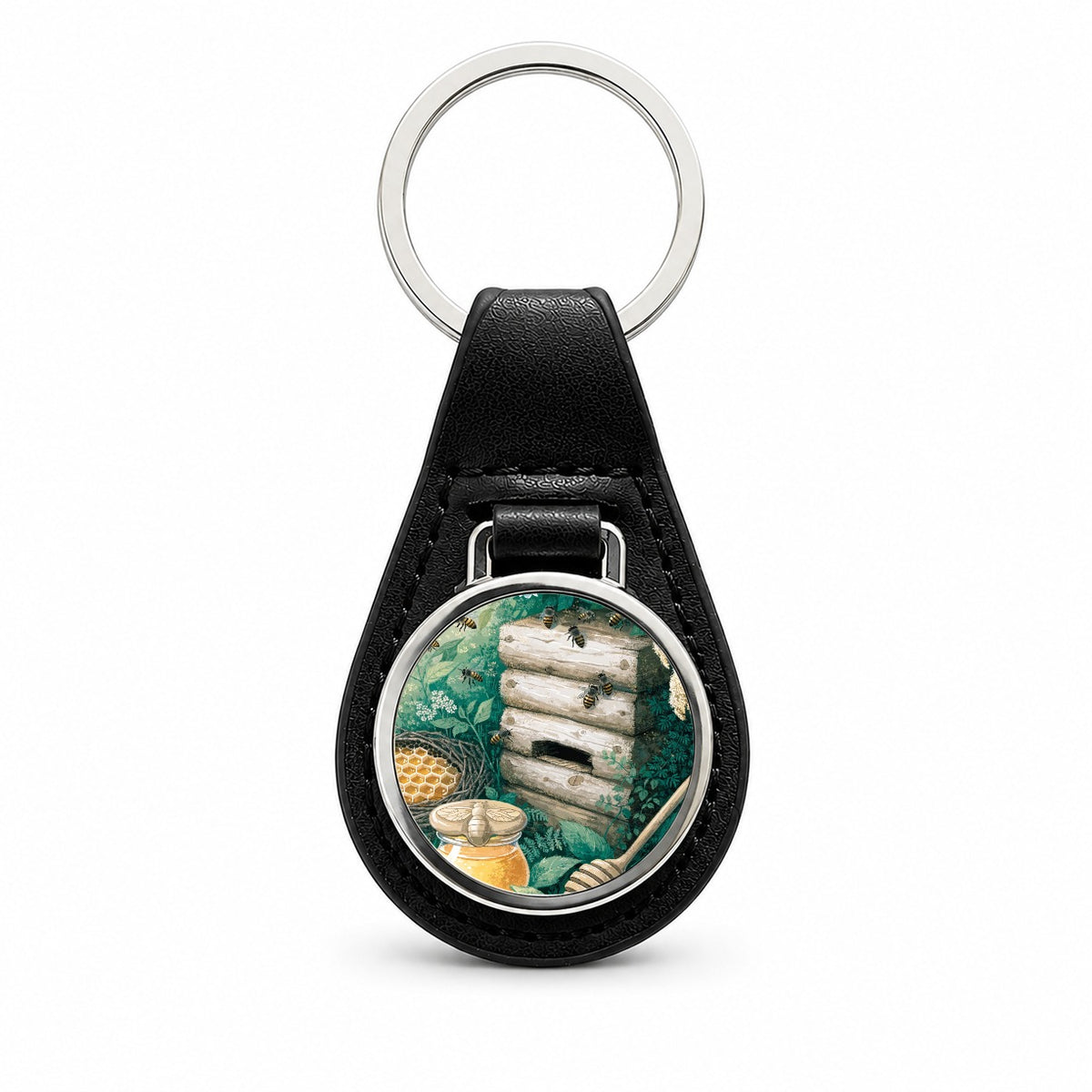Beekeeping Honey Bee Black Leather Metal Keychain