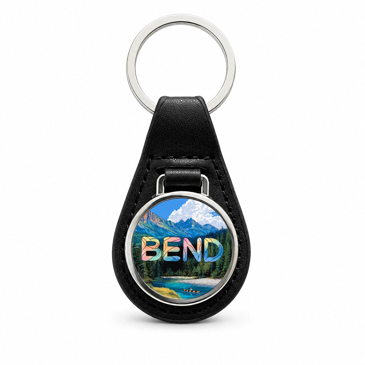 Bend Oregon Travel Black Leather Metal Keychain