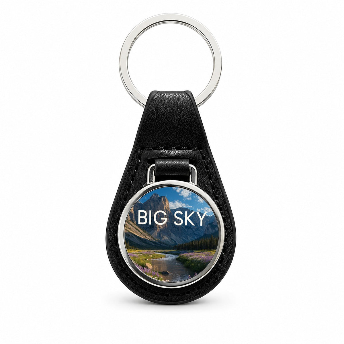 Big Sky Montana Travel Mountains Black Leather Metal Keychain