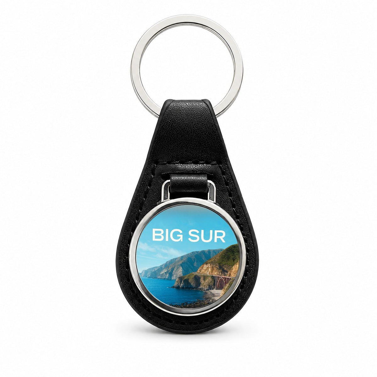 Big Sur California Travel Ocean Black Leather Metal Keychain
