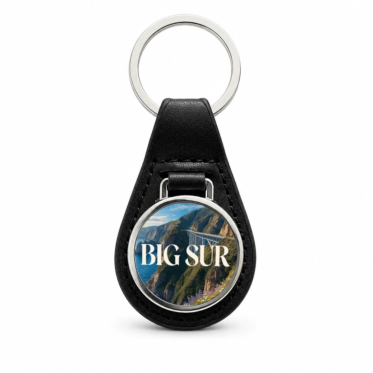 Big Sur California Travel Black Leather Metal Keychain