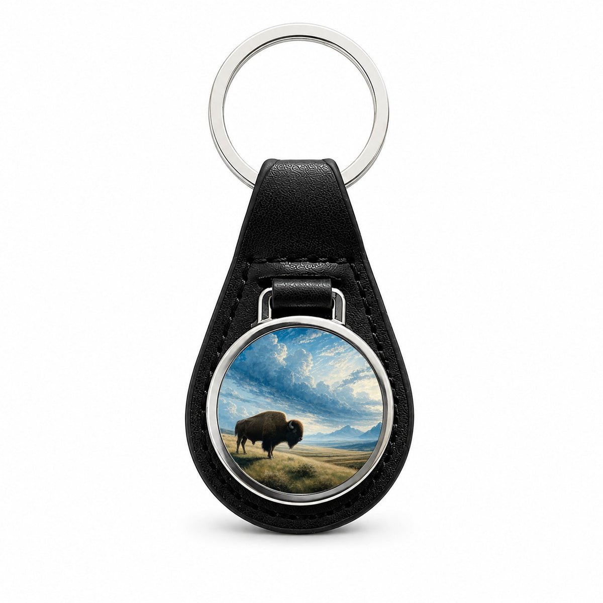 Bison Prairie Landscape Black Leather Metal Keychain