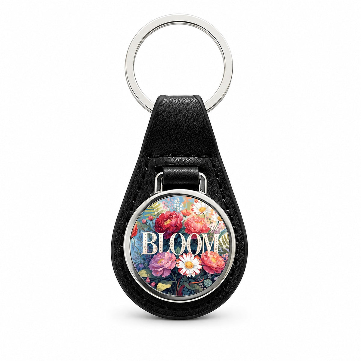 Bloom Gardening Flowers Floral Black Leather Metal Keychain
