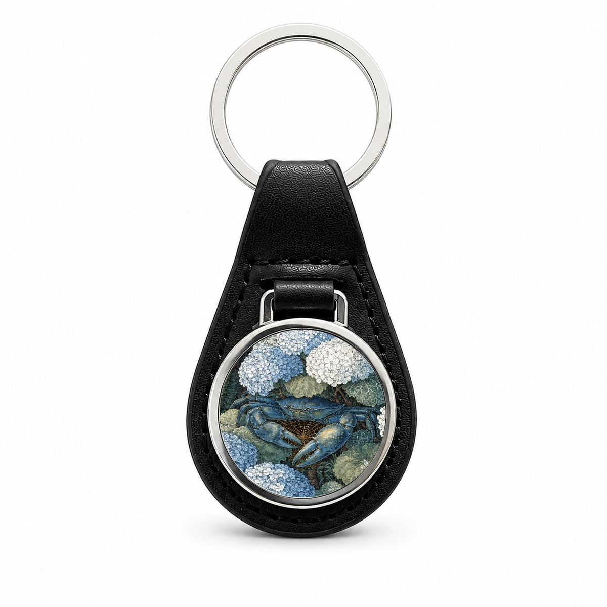 Blue Crab Hydrangea Garden Black Leather Metal Keychain